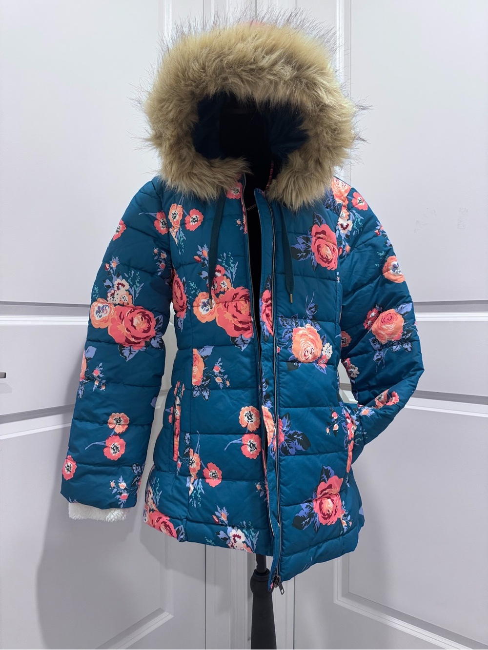 Matilda Jane Teal Floral Quilted Puffer with Faux Fur Hood